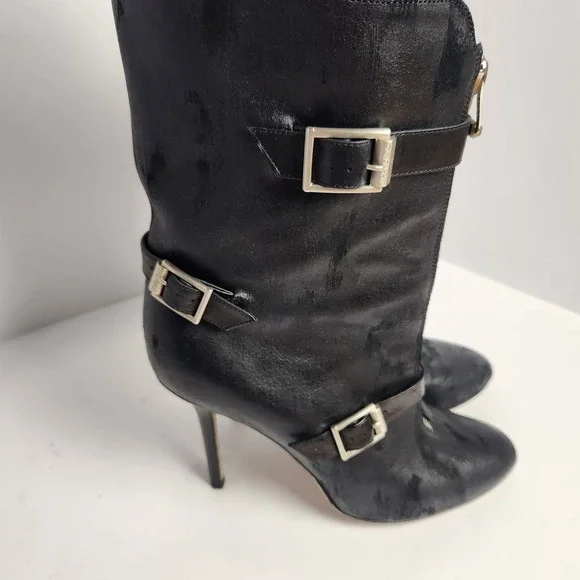 Jimmy Choo Women's Distressed Front Zip Black Leather Boots Size 37.5 (6.5-7) - Picture 5 of 14